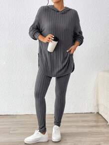SHEIN Essnce Bộ đồ 2 món cho nữ, màu trơn, tay dài trễ vai, có mũ trùm đầu và quần dài, mùa thu - Màu xám đen - Xem 5