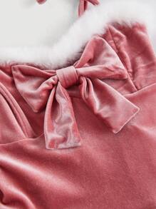SHEIN MOD Fur Collar Bow Detached Hem Velvet Red Cami Dress - Pink - View 3