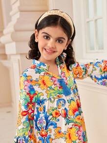 年轻女孩 Kaftan Jalabiya 束腰连衣裙，斋月和国庆节庆祝斋月传统服装，花卉波西米亚瓷器印花连衣裙，优雅时尚 - 彩色 - 查看 5