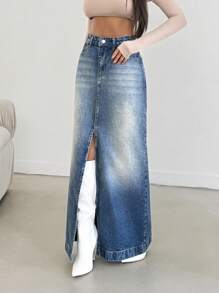 EURMUSE HIGH RISE AYMMETRIC FRAYED HEM WOMEN SKIRT - Medium Wash - View 1