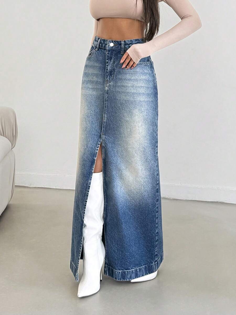 EURMUSE HIGH RISE AYMMETRIC FRAYED HEM WOMEN SKIRT - Medium Wash - View 1