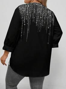 SHEIN LUNE 大码女士 V 领办公室装长袖印花 T 恤，适合秋冬季 - 彩色 - 查看 2