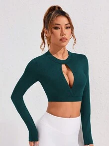 Gameset SHEIN Sport 女士纯色镂空长袖修身运动 T 恤 - 霧霾藍 - 查看 4