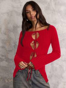 COSMINA Women's Fashionable Solid Color Hollow Out Lace-Up Sweater, Autumn - Red - View 6