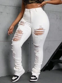 Plus Size Women Stretch Denim Skinny Ankle Length White Jeans - White - View 5