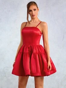 SHEIN SXY New Year Party Elegant Casual Sexy Nightclub Wedding Season Valentine's Day Date Must-Have Red Festive Satin Fluffy Pleated A-Line Princess Dress Hemline Slim Mini Dress - Red - View 4