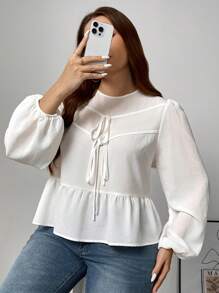 SHEIN Frenchy 大码女式纯色前系带灯笼袖休闲衬衫，秋季