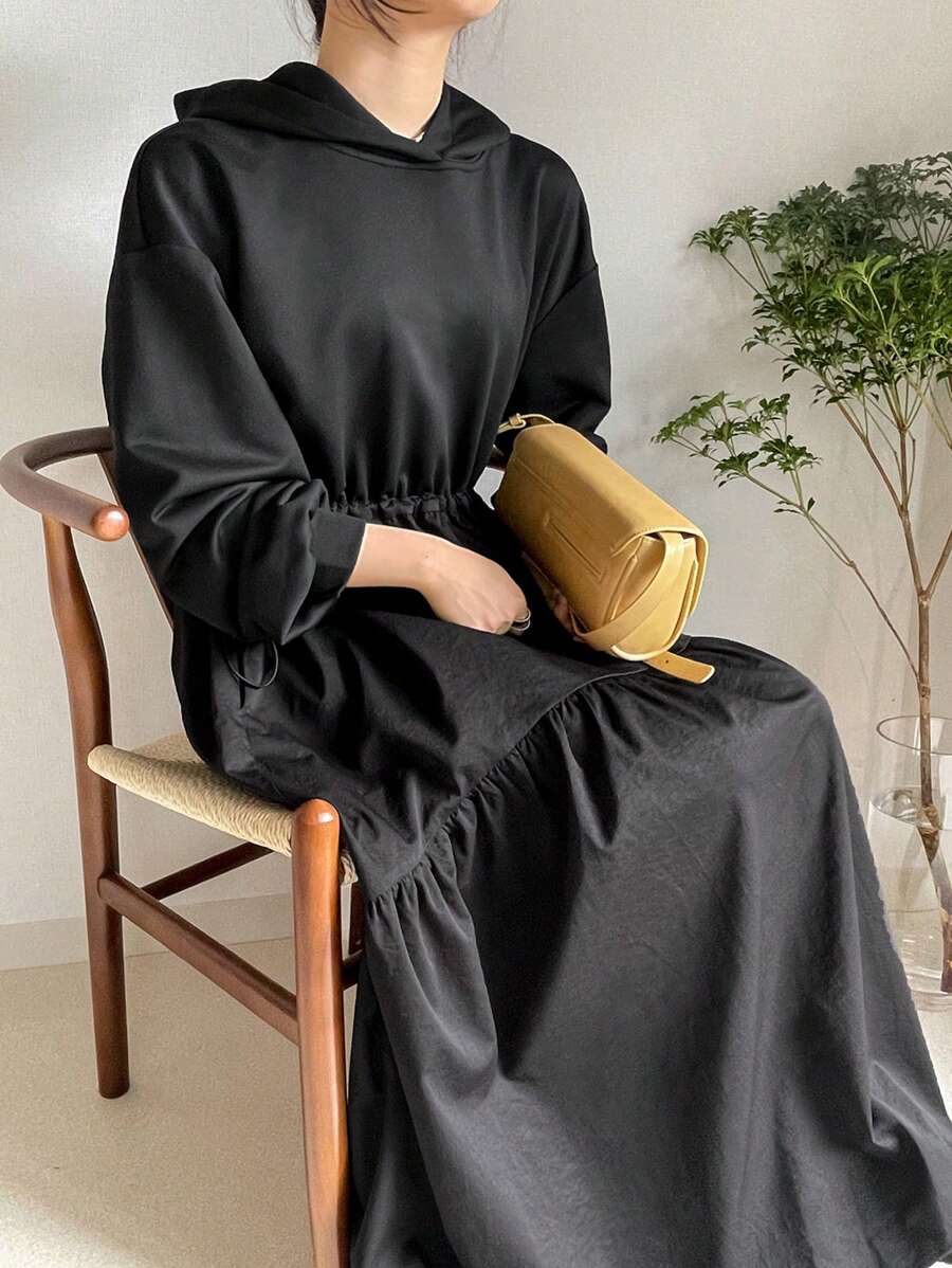 FRIFUL Women's Casual Solid Color Drawstring Waist Hooded Long Dress For Autumn,Fall Women Clothes Long Sleeve Dress - Black - View 1