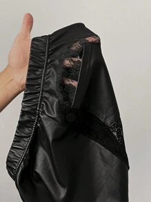 Slaydiva מכנסיים צמודים חדשים ואלגנטיים בגזרה גבוהה, מעור PU ותחרה, בגזרה שחורה לנשים - שחור - ראה 9