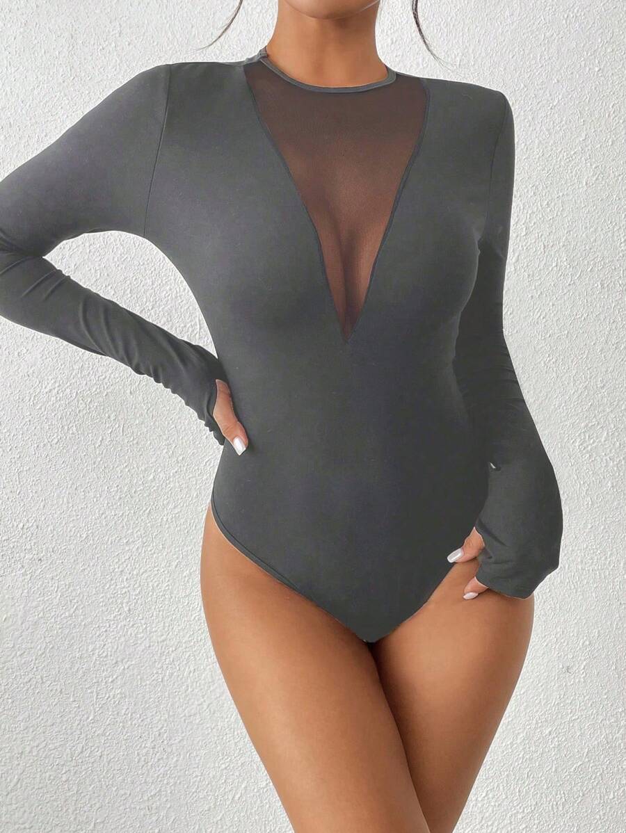 SHEIN Essnce Women's Solid-Color Slim-Fit Mesh Contrast Long Sleeve Bodysuit, Spring/Autumn Fall Cloth For Women - Dark Grey - View 1