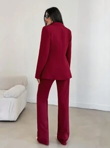 RueChic Vibrant Rose Red Sharply Cut Blazer And Flattering Flared Trousers Suit - Burgundy - View 2