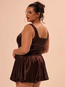 MUSERA Plus Size Satin Square Neck Puffball Mini Dress Outfit For Occasion, Wedding Guest, Summer Vacation, Spring Break, , Races, Formal, Elegant Ibiza, Holiday Flowy, Versitile - Brown - View 3
