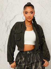 SHEIN SXY Veste utilitaire courte à revers et poches rabattables, de couleur unie, pour l'automne. Idéale pour les tenues d'automne, d'hiver, de Thanksgiving, du Nouvel An et de festival