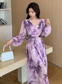 DAZY Vestido con estampado floral de manga abullonada y cuello en V de longitud media para mujeres