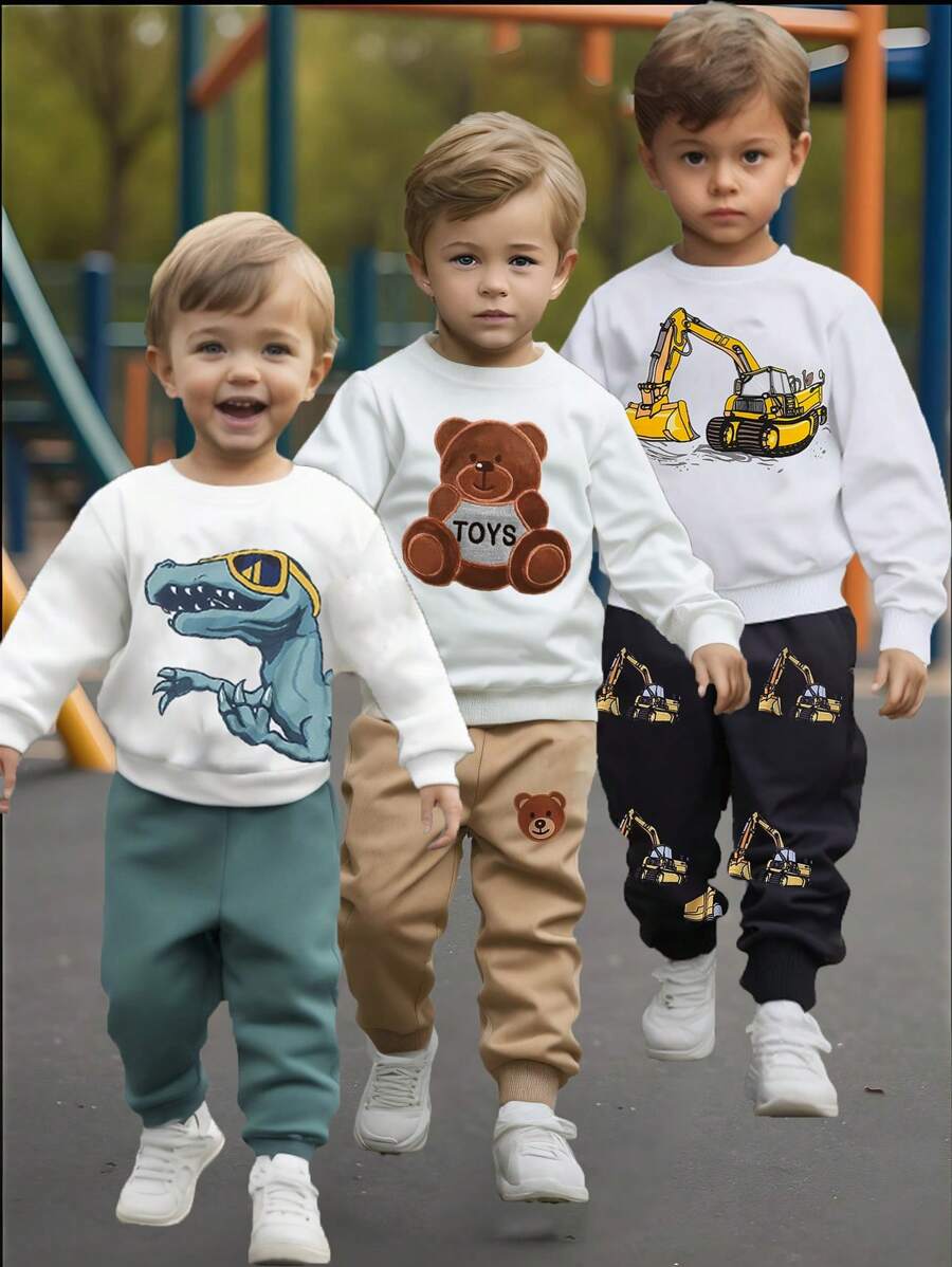 Juego de 6 piezas de ropa deportiva casual para niños pequeños con estampados de oso, dinosaurio y excavadora de dibujos animados, que incluye sudadera y pantalones, adecuado para uso diario, escuela, viajes, deportes, primavera y otoño