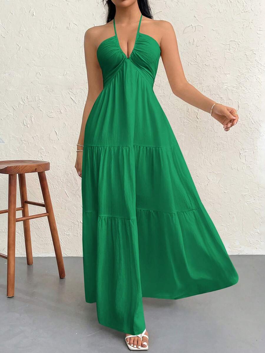 Firerie Đầm dài hở lưng buộc dây bằng vải chiffon cho nữ, thích hợp cho kỳ nghỉ, đám cưới, tiệc tùng - màu xanh lá - Xem 1