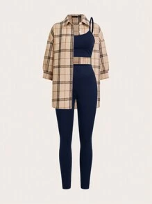 SHEIN Essnce Women's Casual Light Sports Summer Outfit, Sexy & Fashionable Outdoor Cycling Tennis Travel Top Top & Compression Trousers Pants & Plaid Shirt 3pcs/Set