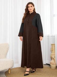 Al Najma Plus Size Women Solid Color Simple Arabian Style Dress, Casual Abaya Arabian Dresses, For Casual Daily - Brown - View 3
