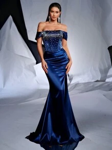 Glamrae 优雅奢华海军蓝露肩袖奢华水钻褶皱弹力缎面鱼骨缝线开叉美人鱼下摆连衣裙，适合婚礼、单身派对、度假、舞会、晚礼服（装饰） - 藏蓝色 - 查看 4