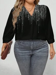 SHEIN LUNE 大码女士 V 领办公室装长袖印花 T 恤，适合秋冬季 - 彩色 - 查看 1