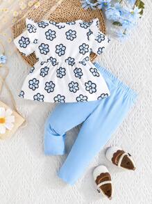 SHEIN 2 stuks/set babymeisje zomer schattige ruches mouw ronde hals strik decor bloemenprint T-shirt & effen kleur elastische taille broek outfit, casual & schattig voor buiten