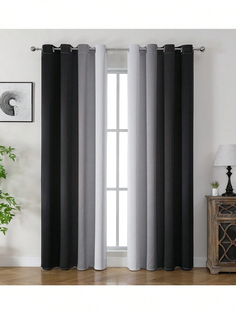 2 Panel Solid Color Patchwork Blackout Curtains, Home Decor/Bedroom Thermal Insulated Curtains, Ombre Black And Grayscale Living Room Blackout Curtain, Customizable Creative Curtains,Fall Decor,Autumn Decor,Room Decor - Black - View 1
