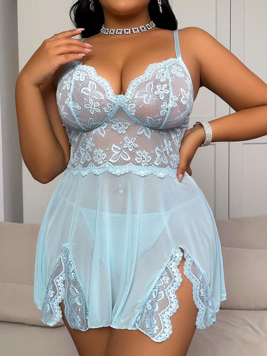 SHEIN 2 Pieces Plus Size Sexy Lingerie Set - Lace & Mesh Slip Dress With Front Slit + G-String Panty - Baby Blue - View 1