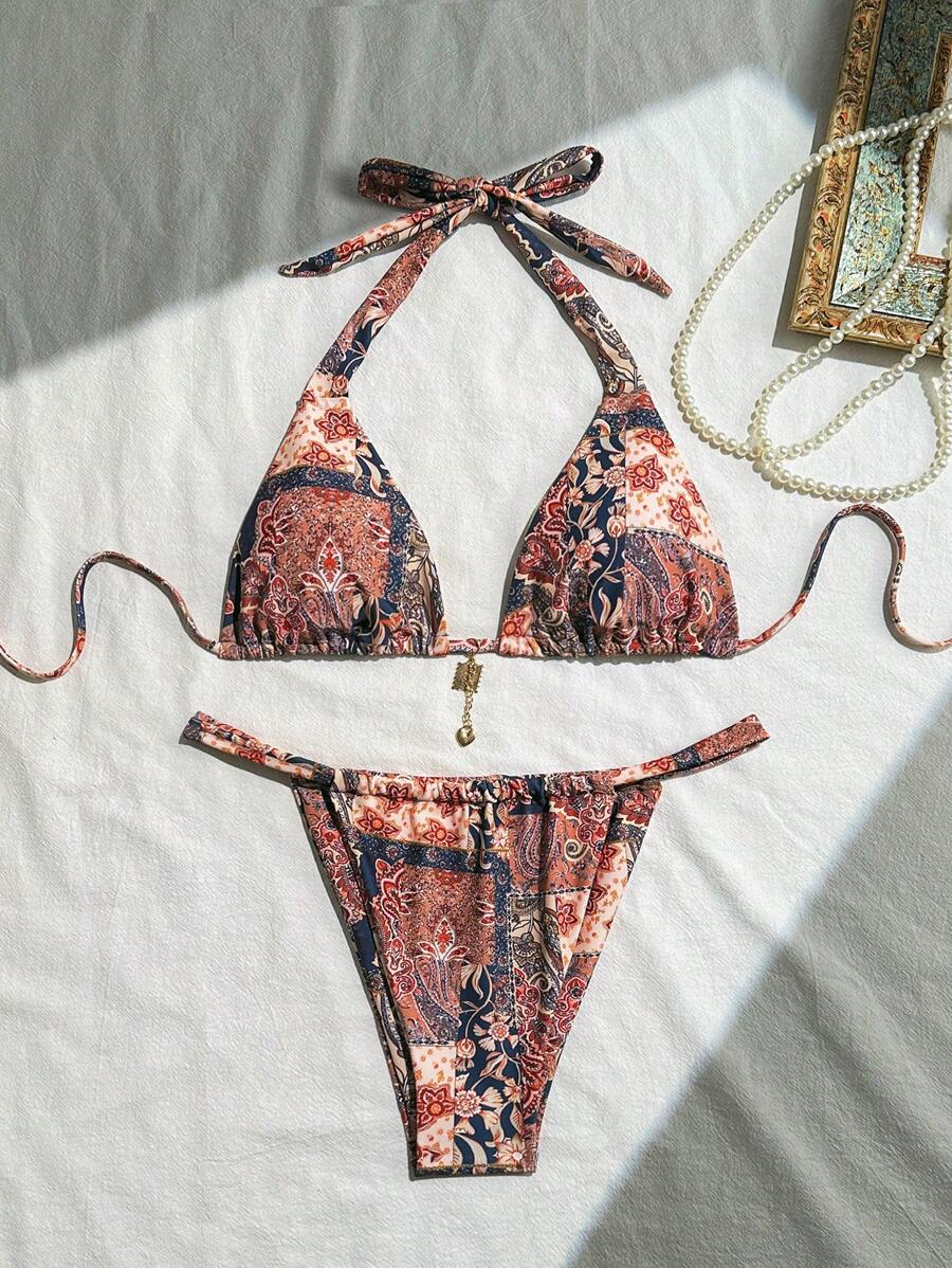 Women's Floral Print Halter Neck Tie Up Split Bikini Set, Randomly Printed Summer - Multicolor - View 1