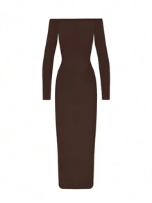 INAWLY Solva Women's Solid Color Off Shoulder Long Sleeve Slim Fit Long Dress Fall Cloth For Women