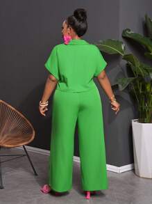 Slaydiva 2pcs Plus Size Solid Green Front Button Short Sleeve Pocket Top And Long Pants Set - Green - View 2