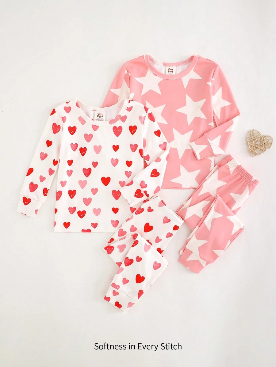 Cozy Pixies 少女四件套舒适睡衣套装，心形图案针织柔软圆领长袖上衣和松紧腰长裤