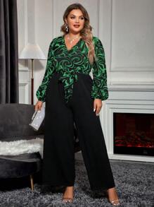 SHEIN Clasi 大码女式大理石印花灯笼袖口袋阔腿连体裤