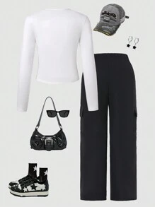 Conjunto de 2 piezas para niña preadolescente: Blusa de manga larga con estampado gráfico y pantalones cargo de pierna recta, elegante conjunto de otoño - Negro - Ver 2