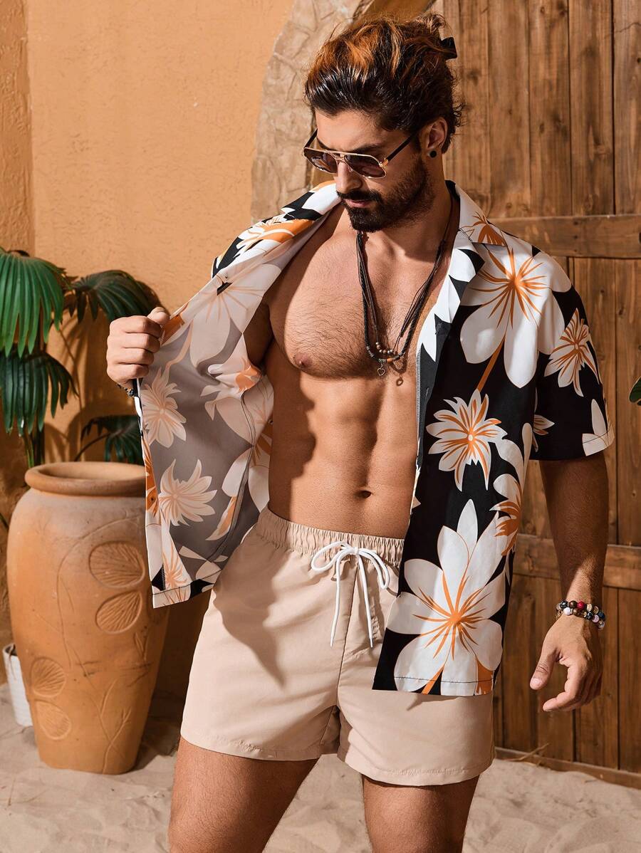 Manfinity Swimmode Men's Beach Vacation Floral Print Short Sleeve Shirt And Drawstring Waist Shorts Casual Set - Black - View 1