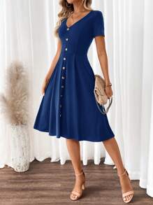 SHEIN Clasi 女士优雅 V 领短袖绿色 A 字连衣裙 - 藏蓝色 - 查看 4