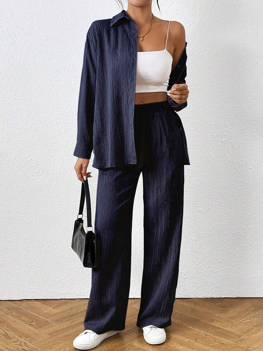 SHEIN PETITE 2pcs/Set Women Solid Color Top And Pants, Minimalist Fashion Casual Everyday Wear - Navy Blue - View 1