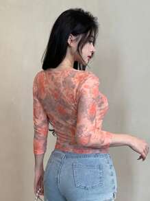 DAZY Áo thun cổ tròn lưới họa tiết hoa nhỏ xinh dành cho nữ, thích hợp cho ngày lễ tình nhân, quần áo mùa thu - Đỏ - Xem 6