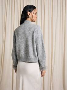 AiiRZ 奢华针织立领毛衣羽毛袖口细节冬季节日派对优雅套头衫家居服经典毛衣舒适长袖针织衫 - 灰色 - 查看 2