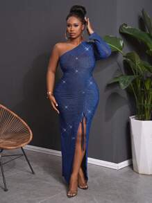 Slaydiva 情人节和优雅派对场合合身纯蓝色单肩长袖高开叉抽绳金属透明面料连衣裙，适合大码女士，春秋 - M