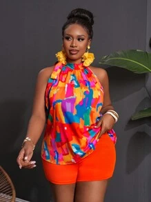 Slaydiva Spring & Summer Casual Resort Sleeveless Colourful Printed Tied Neck Blouse & Solid Orange Knit Slim Shorts, Plus Size 2 Pieces Set,Holiday Outfits
