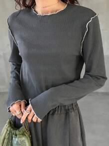 FRIFUL Women Autumn Round Neck Long Sleeve Ribbed Casual Versatile T-Shirt