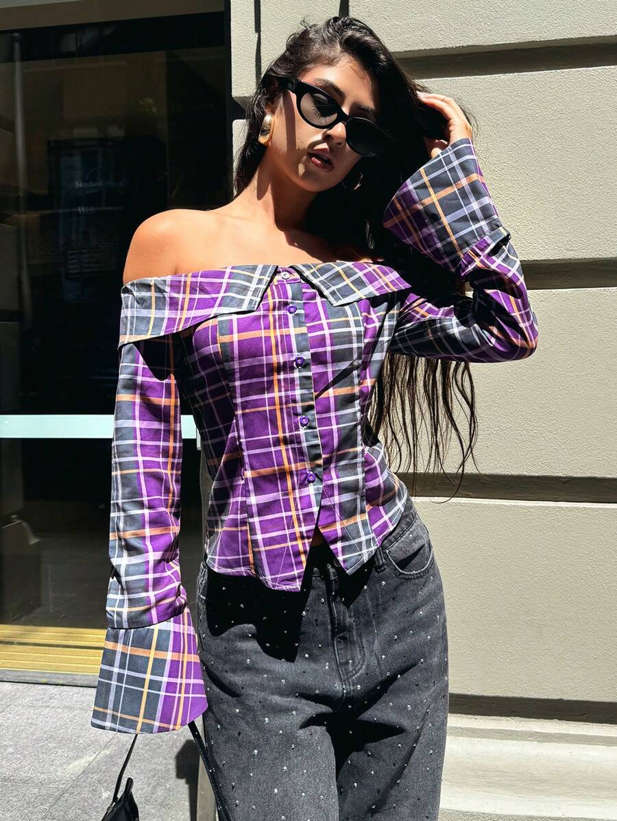 Forever 21 优雅修身长袖格子上衣，适合春夏季、情人节、办公室、度假、西式风格、Y2K、正式、复古、露肩、音乐会、极简主义、复古、独特、斯德哥尔摩风格、机场、工作、节日派对 - 彩色 - 查看 1