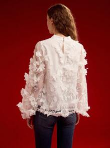 MOTF PREMIUM FLORAL APPLIQUED CONTRAST MESH BLOUSE,VALENTINE'S DAY,SPRING/SUMMER
