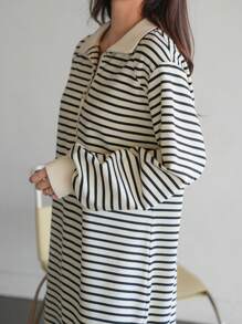 Dazy-Less Striped Half-Placket Pullover Dress For Women,Casual Women Dresses