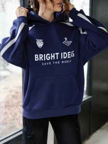 Women's Blue Long Sleeve Sweatshirt, Casual Sports Style For Back To School, Campus Fashion Pullover Fall - Blue - View 3