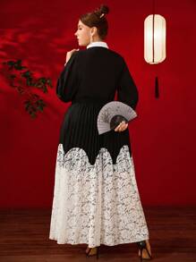 SHEIN Clasi Plus Size Women Lace Patchwork Pleated Skirt, Women's Clothing Stress Relief, Evening Long Gown, Elegant Fashion Women Fall Cloth For Women