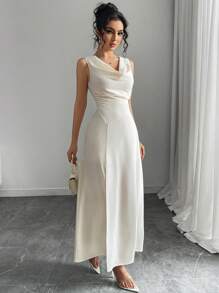 Chiquease Robe longue élégante femme de couleur unie, col en V, fendue sur le côté, sans manches, robe de soirée formelle, robe longue sexy - Nude - Voir 5