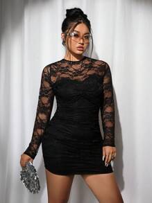SHEIN ICON Plus Size Black Crew Neck Long Sleeve Lace Twist Front Mini Bodycon Dress, Lace Mini Dress, Suitable For Parties