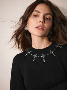 Anewsta 优雅圆领水钻装饰针织喇叭袖保暖毛衣，柔软针织 T 恤，适合秋冬季