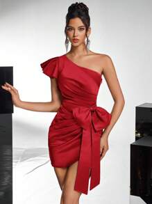 Glamrae Elegant Asymmetric Ruffle Side Bow Split Hem Bodycon Red Dress, Suitable For Dates, Parties, Cocktail, Weddings And Events, Wedding Guest Dress, Party Dress - Red - View 6